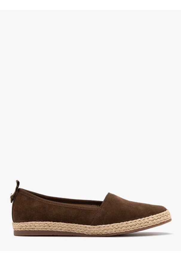 Ryłko - Welurowe brązowe espadryle damskie. Nosek buta: okrągły. Kolor: brązowy. Materiał: welur, skóra. Styl: street