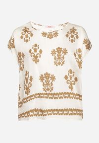 Born2be - Jasnobeżowa Bluzka z Wiskozy we Wzór w Stylu Boho Lunaseia. Okazja: na co dzień. Kolor: beżowy. Materiał: wiskoza. Styl: boho