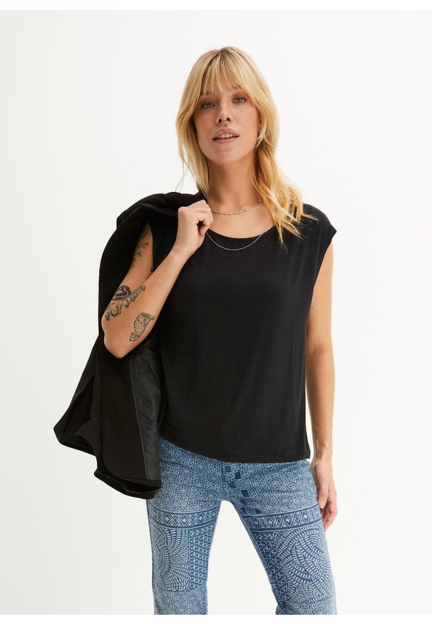 bonprix - T-shirt z mieszanki wiskozy. Kolor: czarny. Materiał: wiskoza. Długość: długie. Wzór: nadruk