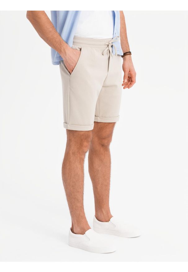 Ombre Clothing - Dzianinowe męskie szorty z podwiniętymi nogawkami – piaskowe V3 OM-SRCS-0170 - XXL. Materiał: dzianina. Wzór: jednolity. Styl: klasyczny