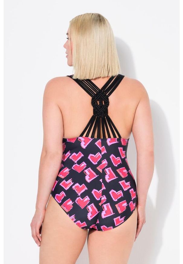 ULLA POPKEN - Damski Kostium kąpielowy serduszka ramiączka z makramy miękkie miseczki. Kolekcja: plus size. Kolor: czarny. Materiał: poliamid, materiał, elastan