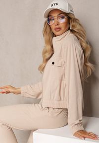 Renee - Jasnobeżowy Komplet Dresowy w Prążki Bluza Kurtka Rozpinana z Kołnierzykiem i Spodnie Lisulla. Kolor: beżowy. Materiał: dresówka. Wzór: prążki. Sport: turystyka piesza
