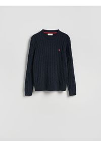 Reserved - Sweter z warkoczowym splotem - granatowy. Kolor: niebieski. Materiał: bawełna, dzianina. Wzór: ze splotem