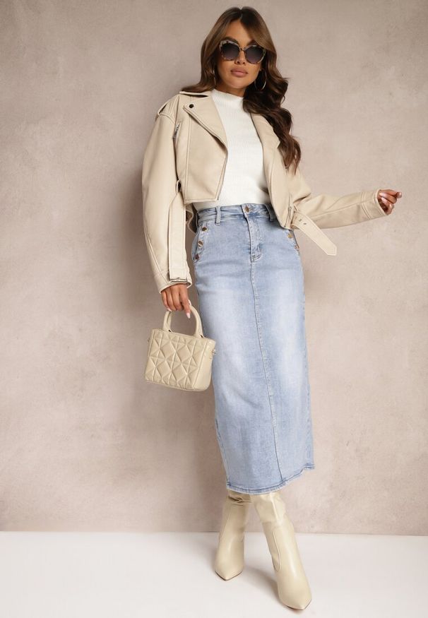 Renee - Jasnoniebieska Jeansowa Spódnica High Waist z Nitami Przy Kieszeniach Nellajoy. Okazja: na co dzień. Stan: podwyższony. Kolor: niebieski. Materiał: jeans. Styl: rockowy, casual, elegancki