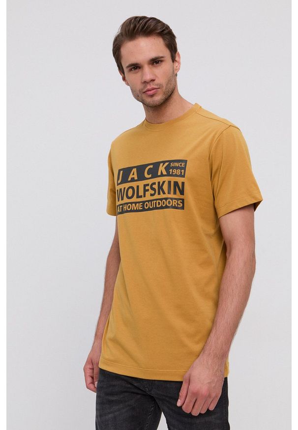 Jack Wolfskin - T-shirt. Okazja: na co dzień. Kolor: żółty. Materiał: bawełna. Wzór: nadruk. Styl: casual