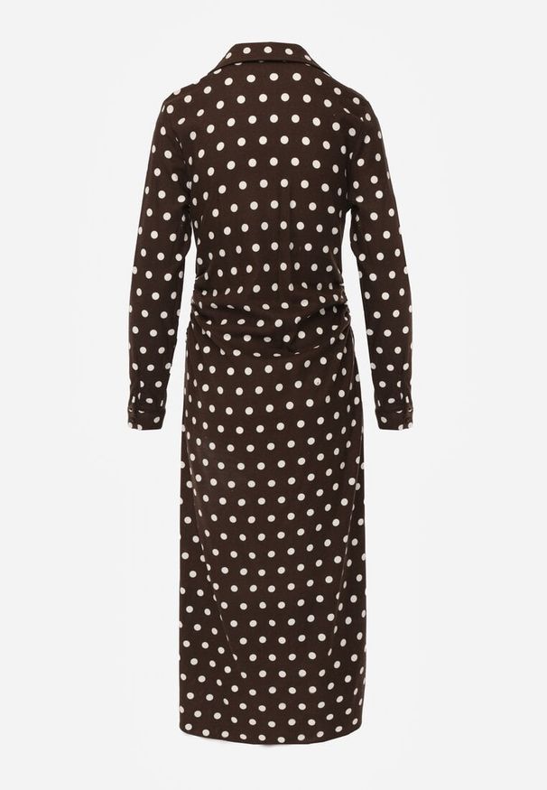 Renee - Brązowa Koszulowa Sukienka z Wiskozy z Dodatkiem Lnu z Drapowaną Talią Edrilith. Okazja: na co dzień. Kolor: brązowy. Materiał: wiskoza, len. Typ sukienki: koszulowe. Styl: casual, elegancki