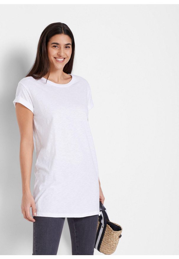 bonprix - Długi T-shirt z czystej bawełny. Kolor: biały. Materiał: bawełna. Długość rękawa: krótki rękaw. Długość: długie, krótkie