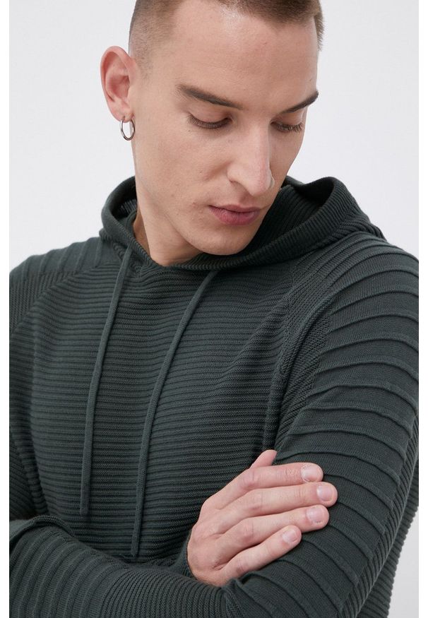 Brave Soul - Sweter bawełniany. Okazja: na co dzień. Typ kołnierza: kaptur. Kolor: zielony. Materiał: bawełna. Długość rękawa: raglanowy rękaw. Styl: casual