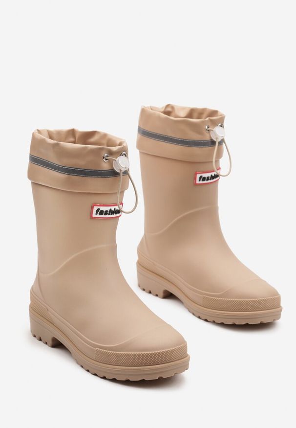 Renee - Beżowe Kalosze Hunterki Wykończone Odblaskiem i Ściągaczem Vimariay. Kolor: beżowy. Materiał: jeans. Sezon: jesień. Obcas: na obcasie. Styl: elegancki. Wysokość obcasa: niski