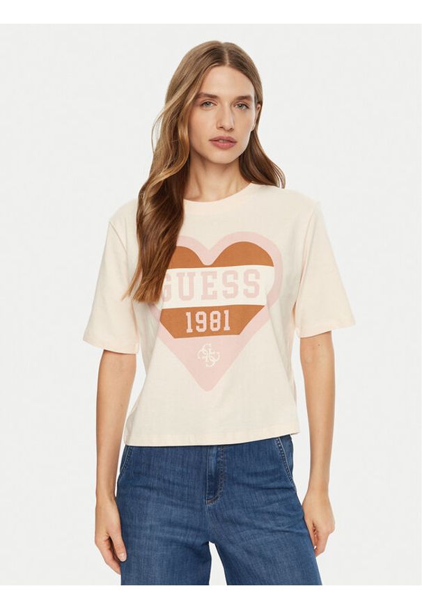 Guess T-Shirt V5RI01 I3Z14 Écru Regular Fit. Materiał: bawełna