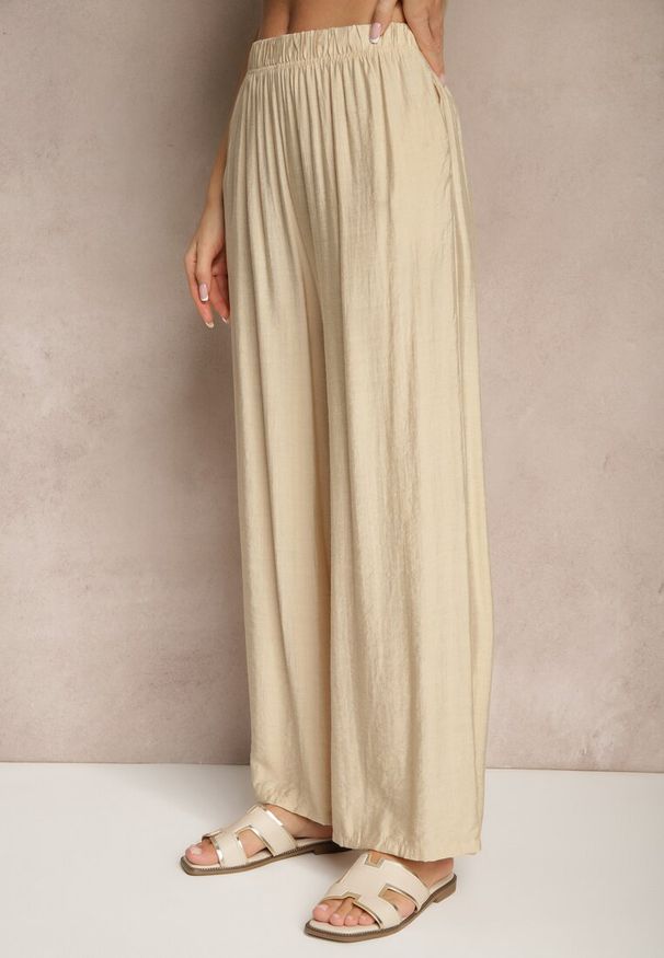 Renee - Beżowe Spodnie Palazzo o Szerokim Kroju High Waist Lislevia. Okazja: na co dzień. Stan: podwyższony. Kolor: beżowy. Styl: elegancki, casual