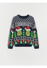 Reserved - Świąteczny sweter Grinch - granatowy. Kolor: niebieski. Materiał: dzianina, bawełna. Styl: wizytowy