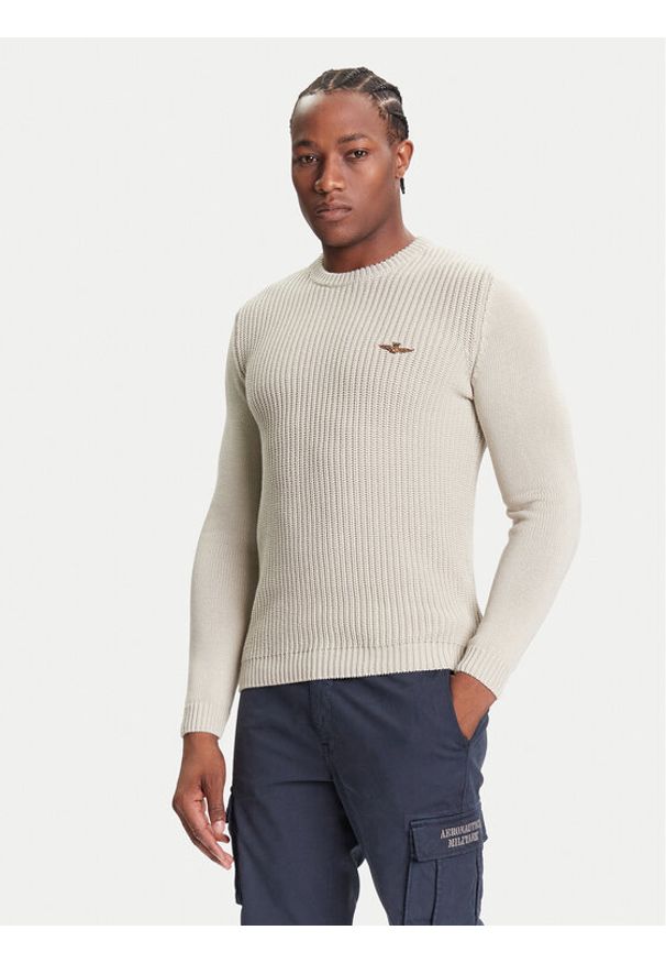 Aeronautica Militare Sweter 252MA1571UL00409 Beżowy Slim Fit. Kolor: beżowy. Materiał: bawełna