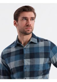 Ombre Clothing - Koszula męska flanelowa w kratę - niebieska V4. Kolor: niebieski. Materiał: bawełna. Styl: klasyczny #2