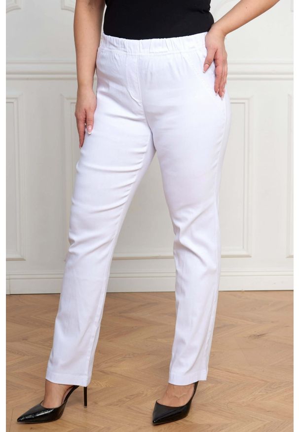 Nasi partnerzy - Białe spodnie Nilda z prostą nogawką wysoki stan PLUS SIZE XXL. Okazja: na co dzień, do pracy, na spacer. Stan: podwyższony. Kolekcja: plus size. Kolor: biały. Materiał: poliester, elastan, tkanina, materiał, włókno, wiskoza. Długość: krótkie. Styl: casual