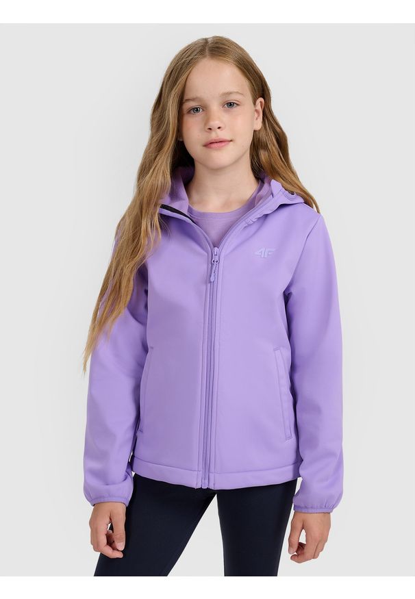 4f - 4F Kurtka softshell wiatroodporna membrana 5000 dziewczęca - fioletowa 146 (10-11 lat). Okazja: na co dzień. Typ kołnierza: kaptur. Kolor: fioletowy. Materiał: softshell. Sezon: lato. Styl: casual, klasyczny