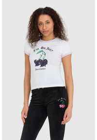 Juicy Couture - JUICY COUTURE Biały t-shirt damski z wisienkami slim, Rozmiar M. Kolor: biały