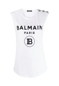 Balmain - BALMAIN - Biały t-shirt z logo. Kolor: biały. Materiał: jeans. Długość rękawa: na ramiączkach. Wzór: aplikacja, nadruk. Styl: rockowy #5