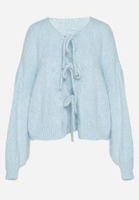 Born2be - Niebieski Kardigan Oversize z Wełną Zdobiony Kokardkami Eleathalie. Typ kołnierza: kokarda. Kolor: niebieski. Materiał: wełna. Wzór: aplikacja. Styl: klasyczny #3