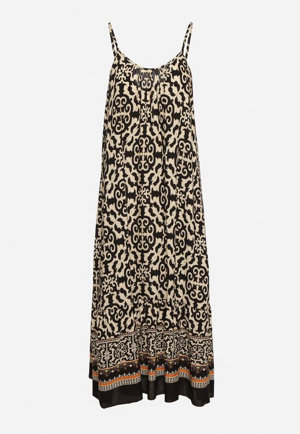 Born2be - Czarno-Beżowa Bawełniana Sukienka o Rozkloszowanym Kroju na Cienkich Ramiączkach Nellarra. Kolor: czarny. Materiał: bawełna. Długość rękawa: na ramiączkach. Sezon: lato. Styl: elegancki