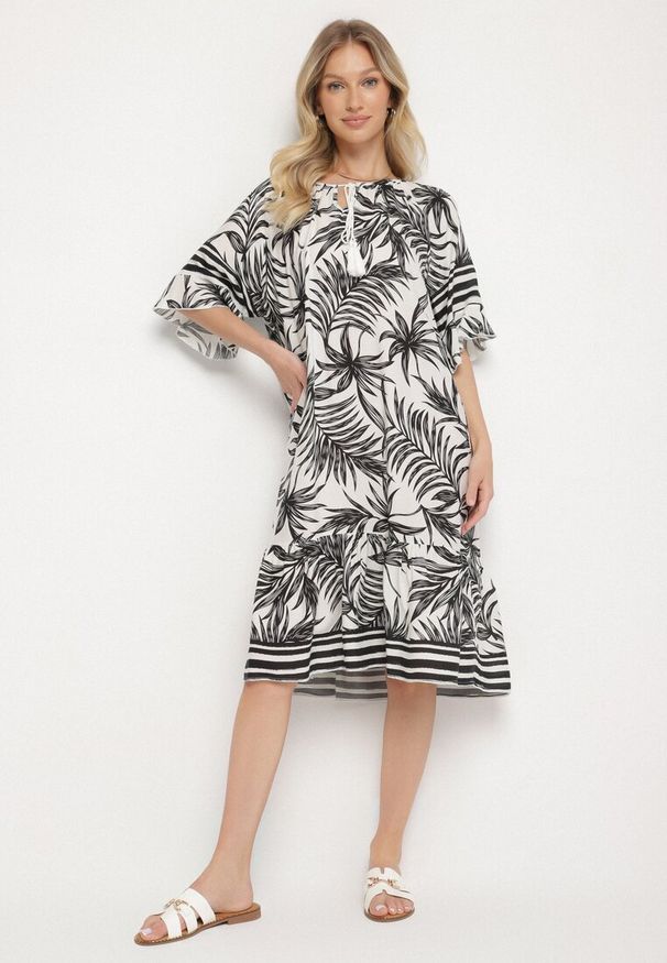 Born2be - Biała Sukienka o Pudełkowym Kroju z Wiązaniem przy Dekolcie w Roślinny Wzór Mirionela. Kolor: biały. Długość rękawa: krótki rękaw
