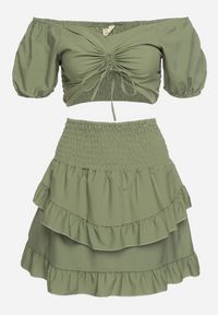 Born2be - Zielony Komplet z Bawełną Bluzka Hiszpanka z Bufiastymi Rękawami Spódnica z Gumką w Pasie Testarae. Kolor: zielony. Materiał: bawełna. Wzór: jednolity #3