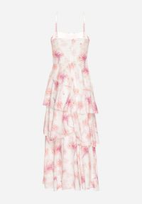 Born2be - Różowa Sukienka na Ramiączkach w Kwiaty Zdobiona Marszczeniem i Falbanami Revalea. Okazja: na imprezę, na co dzień. Typ kołnierza: dekolt kwadratowy. Kolor: różowy. Długość rękawa: na ramiączkach. Wzór: aplikacja, kwiaty. Styl: casual, elegancki #3