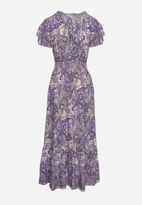 Born2be - Granatowa Rozkloszowana Kopertowa Sukienka z Bawełny o Wzorze Paisley z Gumką w Talii Zonne. Okazja: na co dzień. Typ kołnierza: dekolt w kształcie V, dekolt kopertowy. Kolor: niebieski. Materiał: bawełna. Długość rękawa: krótki rękaw. Wzór: paisley. Typ sukienki: kopertowe. Styl: casual, elegancki, klasyczny #4