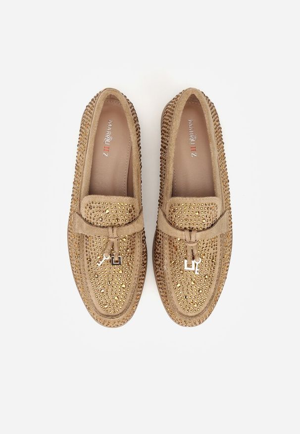 Born2be - Ciemnobeżowe Mokasyny Ozdobione Cyrkoniami i Aplikacjami Isirsyss. Okazja: na co dzień. Kolor: beżowy. Materiał: jeans. Wzór: aplikacja. Styl: casual, elegancki