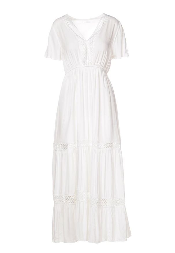 Born2be - Biała Sukienka Selphie. Kolor: biały. Materiał: tkanina, koronka. Długość rękawa: krótki rękaw. Wzór: ażurowy, aplikacja, koronka. Sezon: lato. Długość: midi