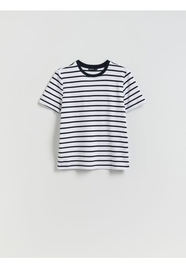 Reserved - T-shirt z bawełny merceryzowanej - granatowy. Kolor: niebieski. Materiał: bawełna