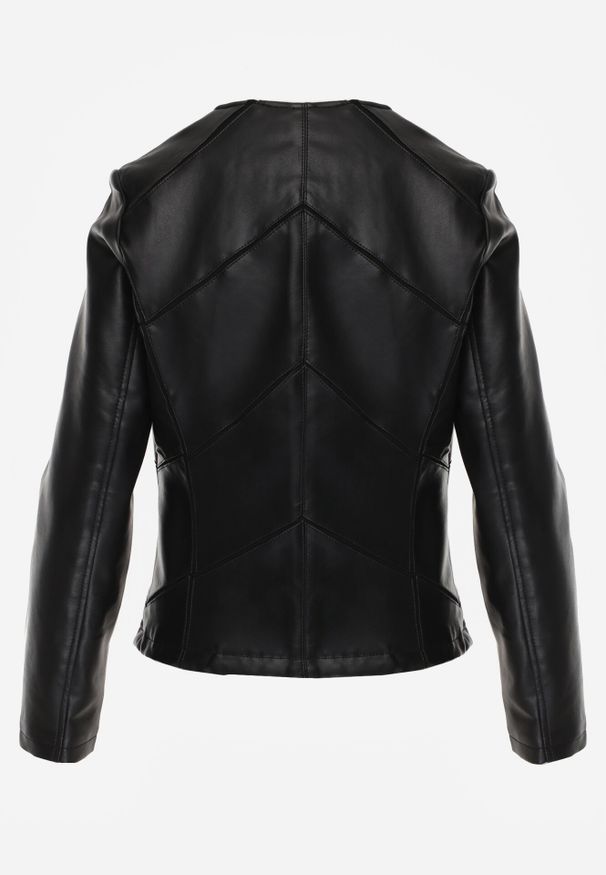 Born2be - Czarna Kurtka Ramoneska Taliowana bez Kołnierzyka w Motocyklowym Stylu Nelaswenna. Okazja: na co dzień. Typ kołnierza: bez kołnierzyka. Kolor: czarny. Materiał: poliester, jeans. Wzór: gładki. Styl: casual, elegancki