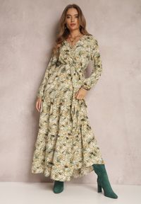 Renee - Zielona Sukienka Kopertowa Maxi Fisa. Typ kołnierza: kołnierz z falbankami. Kolor: zielony. Materiał: tkanina. Długość rękawa: długi rękaw. Wzór: aplikacja, kwiaty, nadruk. Typ sukienki: kopertowe. Styl: boho. Długość: maxi #4