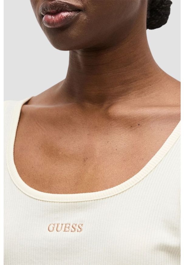 Guess - GUESS Kremowy damski tank top Circe, Rozmiar M. Okazja: na co dzień. Kolor: beżowy. Materiał: materiał, prążkowany. Styl: casual