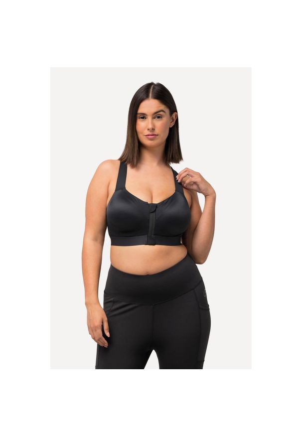 ULLA POPKEN - Damski Biustonosz sportowy bez fiszbin zamek błyskawiczny skrzyżowane ramiączka. Kolekcja: plus size. Kolor: czarny. Materiał: elastan, poliamid, materiał