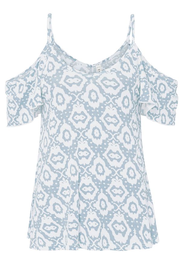 Shirt cold-shoulder LENZING™ ECOVERO™ bonprix pudrowy niebieski - biały w deseń paisley. Kolor: fioletowy. Długość rękawa: na ramiączkach. Wzór: paisley