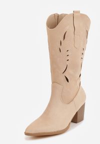 Born2be - Beżowe Botki Typu Kowbojki VICES na Obcasie z Ażurową Cholewką Eranata. Okazja: na co dzień. Kolor: beżowy. Materiał: jeans. Szerokość cholewki: normalna. Wzór: ażurowy. Obcas: na obcasie. Styl: casual, elegancki, klasyczny. Wysokość obcasa: średni #9