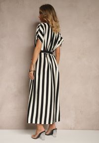 Renee - Czarna Pudełkowa Sukienka z Wiskozą z Motywem Pasków i Wiązaniem Lumierae. Okazja: na co dzień. Kolor: czarny. Materiał: wiskoza. Styl: elegancki, casual #4
