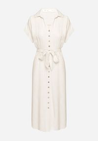 Born2be - Jasnobeżowa Sukienka z Bawełny o Koszulowym Kroju z Wiązanym Paskiem Elanitiela. Okazja: na co dzień. Kolor: beżowy. Materiał: bawełna. Długość rękawa: krótki rękaw. Typ sukienki: koszulowe. Styl: casual, elegancki #2