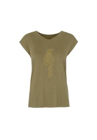 Ochnik - Oliwkowy T-shirt damski z aplikacją. Kolor: oliwkowy. Materiał: wiskoza. Długość: krótkie. Wzór: aplikacja. Styl: elegancki