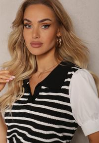 Renee - Czarna Bluzka w Paski z Kamizelką z Kołnierzykiem i Bufiastymi Rękawami Risina. Okazja: na co dzień. Kolor: czarny. Wzór: paski. Styl: klasyczny, elegancki, casual #3