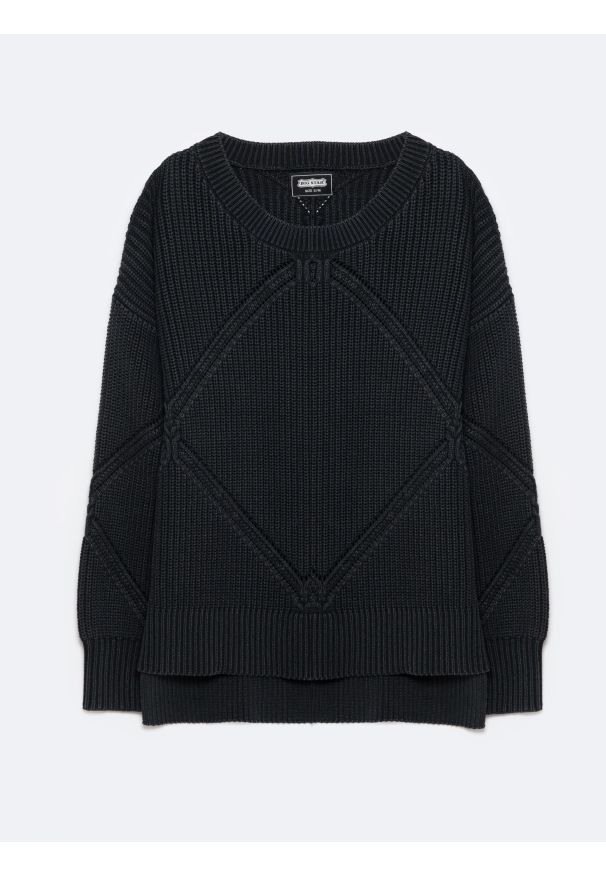 Big-Star - Sweter damski z ozdobnym splotem czarny Acidia 906. Okazja: na co dzień. Kolor: czarny. Materiał: dzianina, skóra, jeans. Wzór: ze splotem. Sezon: jesień, zima. Styl: elegancki, casual