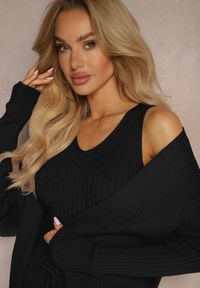 Renee - Czarny Komplet z Dzianiny Spodnie o Luźnym Fasonie Bluzka i Niezapinany Kardigan Irithaele. Kolor: czarny. Materiał: dzianina #3