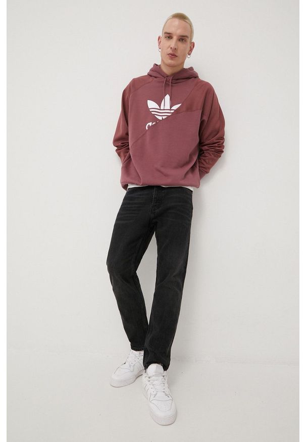 adidas Originals bluza Adicolor męska kolor fioletowy z kapturem z nadrukiem. Typ kołnierza: kaptur. Kolor: fioletowy. Materiał: materiał, bawełna, dzianina. Wzór: nadruk