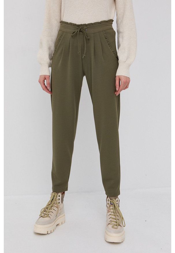 JDY Spodnie damskie kolor zielony proste high waist. Okazja: na co dzień. Stan: podwyższony. Kolor: zielony. Materiał: dzianina. Styl: casual