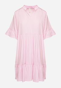 Born2be - Różowa Sukienka Rozkloszowana z Wiskozą Ozdobiona Falbanami Eviriane. Okazja: na co dzień. Typ kołnierza: dekolt w serek. Kolor: różowy. Materiał: wiskoza. Wzór: aplikacja. Typ sukienki: proste. Styl: casual #2