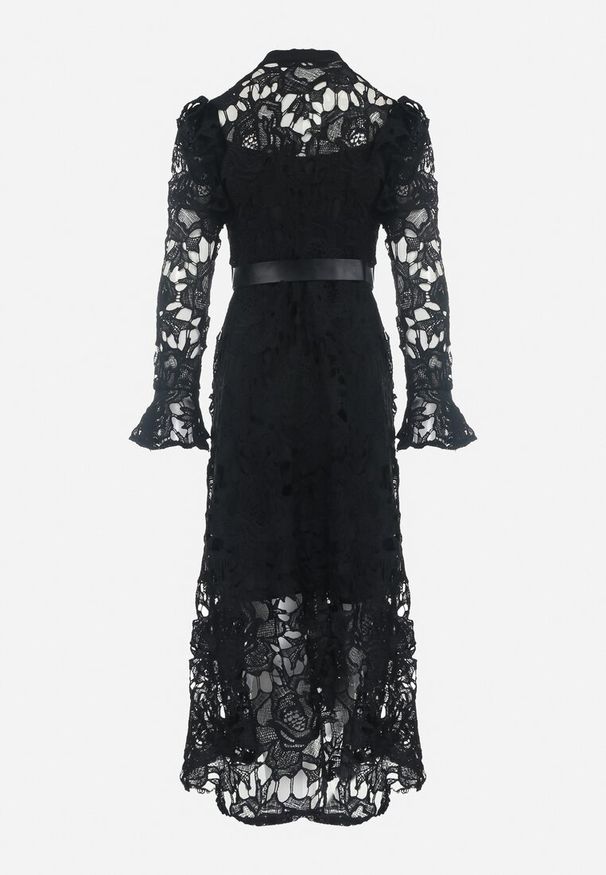 Born2be - Czarna Sukienka Maxi Koronkowa z Paskiem z Ekoskóry Dodatkowo Halka Fesumma. Kolor: czarny. Materiał: koronka. Długość rękawa: na ramiączkach. Długość: maxi