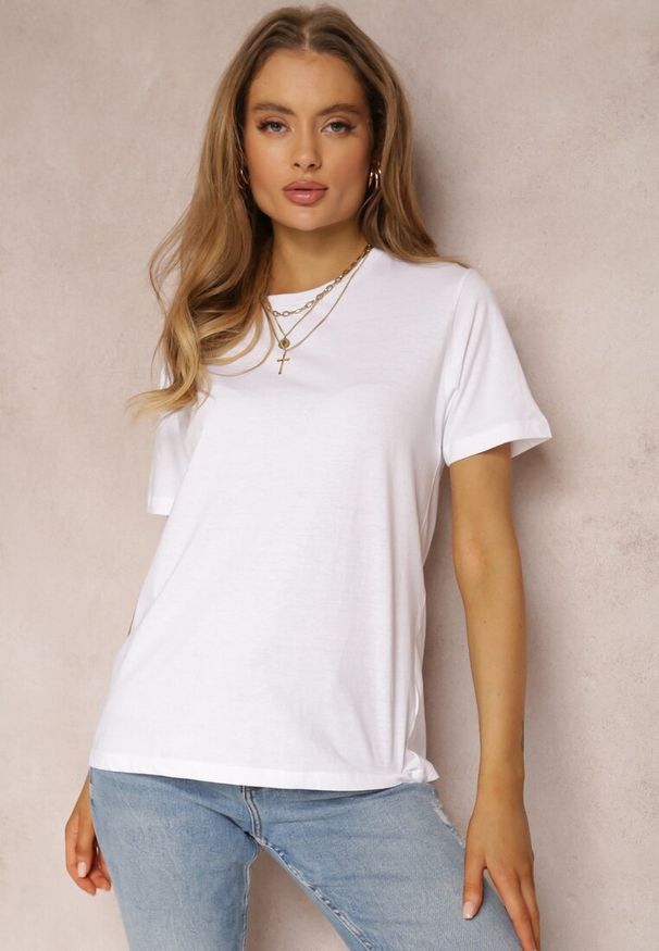 Renee - Biały T-shirt Errona. Kolor: biały. Materiał: jeans, dzianina. Długość rękawa: krótki rękaw. Długość: krótkie