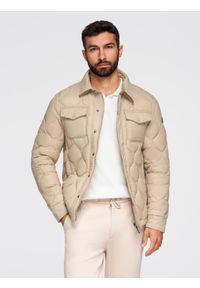 Ombre Clothing - Pikowana kurtka męska w koszulowym fasonie – beżowa V1 - Rozmiar: L. Okazja: na co dzień. Kolor: beżowy. Materiał: poliester, materiał. Wzór: aplikacja. Styl: casual, elegancki #11
