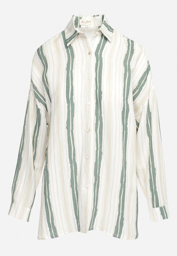 Born2be - Beżowo-Zielona Bawełniana Koszula w Paski o Luźnym Kroju Lievan. Kolor: beżowy. Materiał: bawełna. Wzór: paski. Sezon: lato